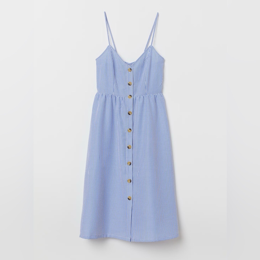 H&M Blue and White Striped Midi Dress with Buttons